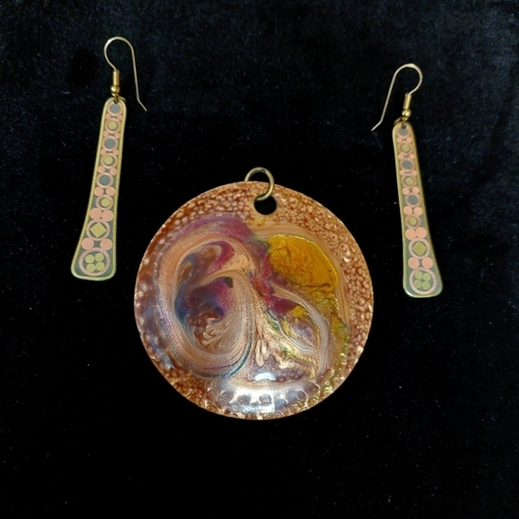Vintage* 70s Jules Perrier Handmade Swirled Enamel Pendant with Pierced Earrings - Picture 1 of 6